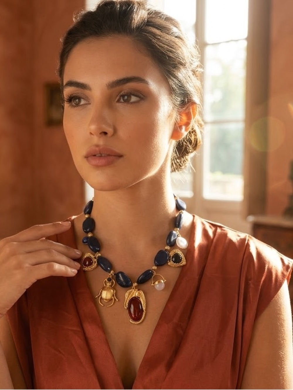 ✨Artisan Multi-Charm Statement Necklace – Deep Blue Beads & Gold Mystical Charms